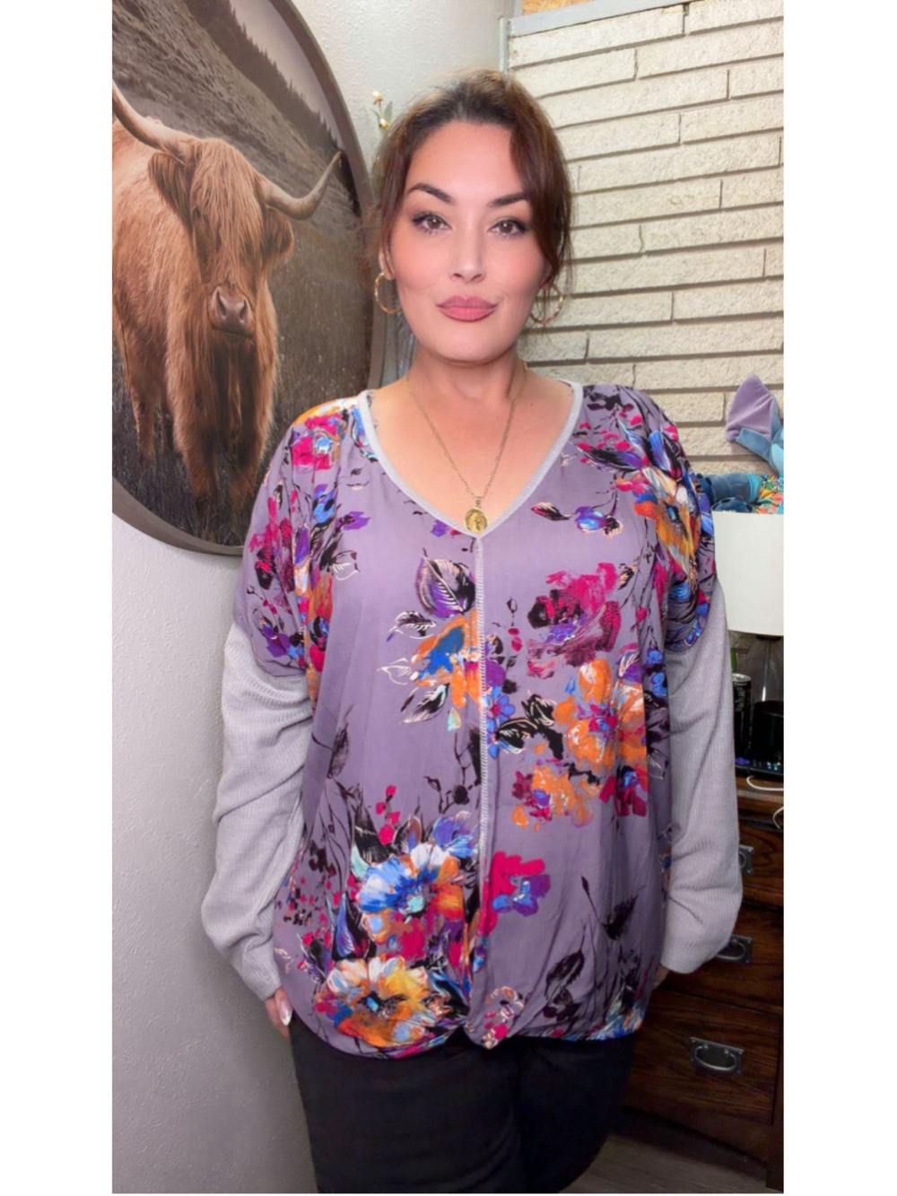 Umgee Plus Size 2XL NWT Floral Mixed Media Waffle Knit Long Sleeve Tunic Top